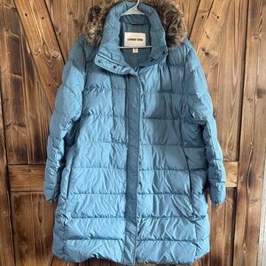 Lands' End Light Blue Quilted Down Puffer Coat with Faux Fur Hood